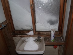 洗面器にたまった雪
