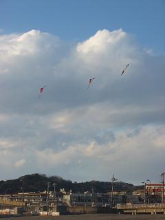 材木座海岸にて。掛け声に合わせてトリオでカイト、空に舞う。