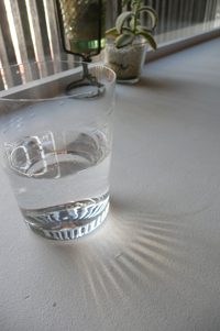 格子越しの日差しコップを通して。。。