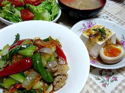 青梗菜と豚肉炒めとピータンもどき豆腐