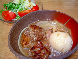 豚ﾎﾞｰﾙのコトコト煮　水菜とﾏｶﾛﾆのｻﾗﾀﾞ