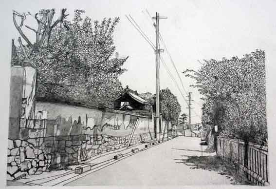 鉛筆画 美馬市美馬町八幡神社前の塀のある通り すえドン の四方山話 楽天ブログ