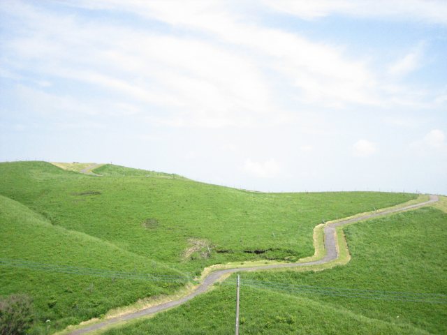 延々と続く草千里の緑と青い空と白い雲